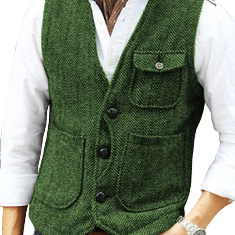 Men Vest Brown Herringbone Wool Tweed V Neck Single Breasted Retro Tooling Vest Male Gentleman Business Waistcoat For Wedding