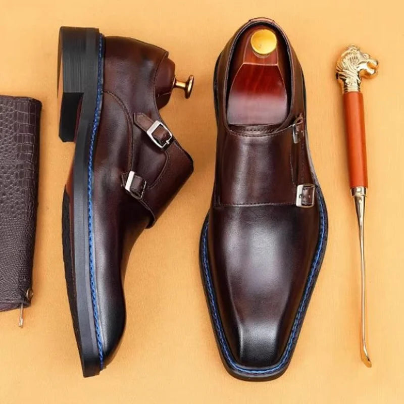 High-end Cowhide Leather Shoes For Men Square Toe Double Monk Strap Shoes Mens Dress Shoes Slip On Business Formal Shoes