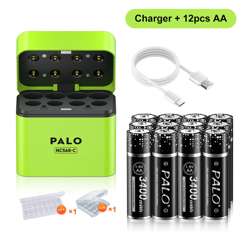 PALO 3400mWh Li-ion 1.5V AA and AAA Rechargeable Batteries with 8-channel magnetic flip charger for 1.5V 2A 3A Lithium Batteries