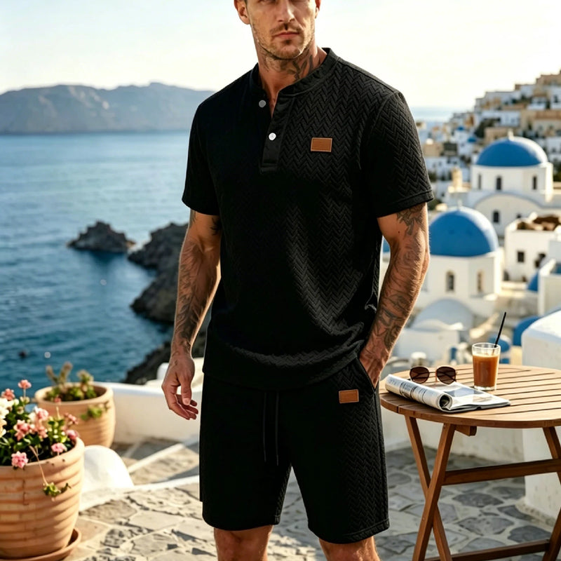 Men's Island Vacation Herringbone Textured Henley | SAMAG