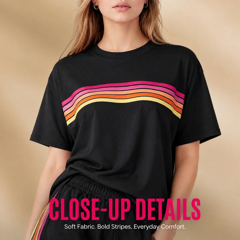 2 Piece Women's Short Set Short Sleeve Crew Neck T Shirt and Elastic Waist Shorts Retro Rainbow Striped Casual Lounge Wear Matching Outfit Relaxed Fit with Curved Hem Side Split for Streetwear Vacation Summer