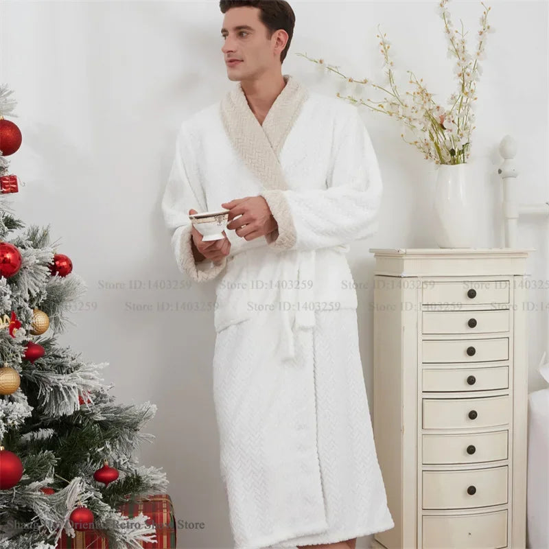 Autumn Winter Men's Robe Thicken Flannel Long Bathrobe Kimono Gown Loose Casual Male Sleepwear Home Clothes Coral Fleece Pajama