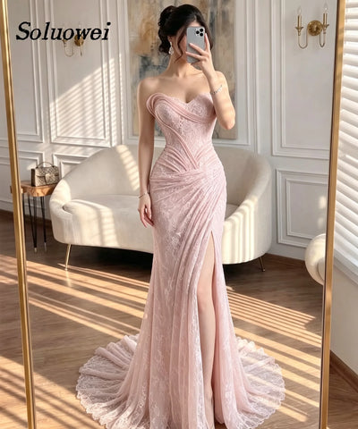 Sweetheart Strapless Lace Mermaid Evening Dresses Pleated | SAMAG