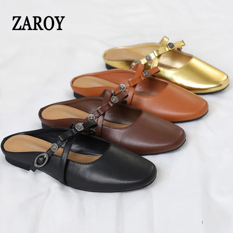 ZAROY Luxury Gold Women Mules Square Toe PU Leather Summer Slip On Baotou Slippers Beach Flat Sandals Cozy Mules Slides Shoes