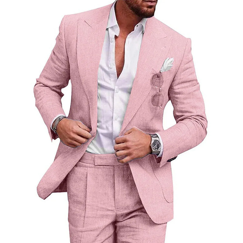 Men‘s Linen Pant Suit Set Plus - size Black Blue Single Button 2 - Piece Summer Business Formal Casual - View 2 | SAMAG