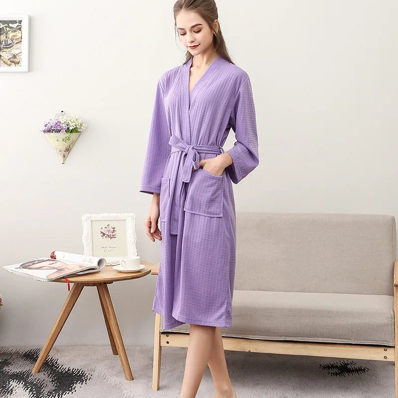 Men's and Women's Universal Waffle Seven-Sleeve Lightweight Long Bathrobe for Hotels, Soft and Breathable, Couple's Homewear