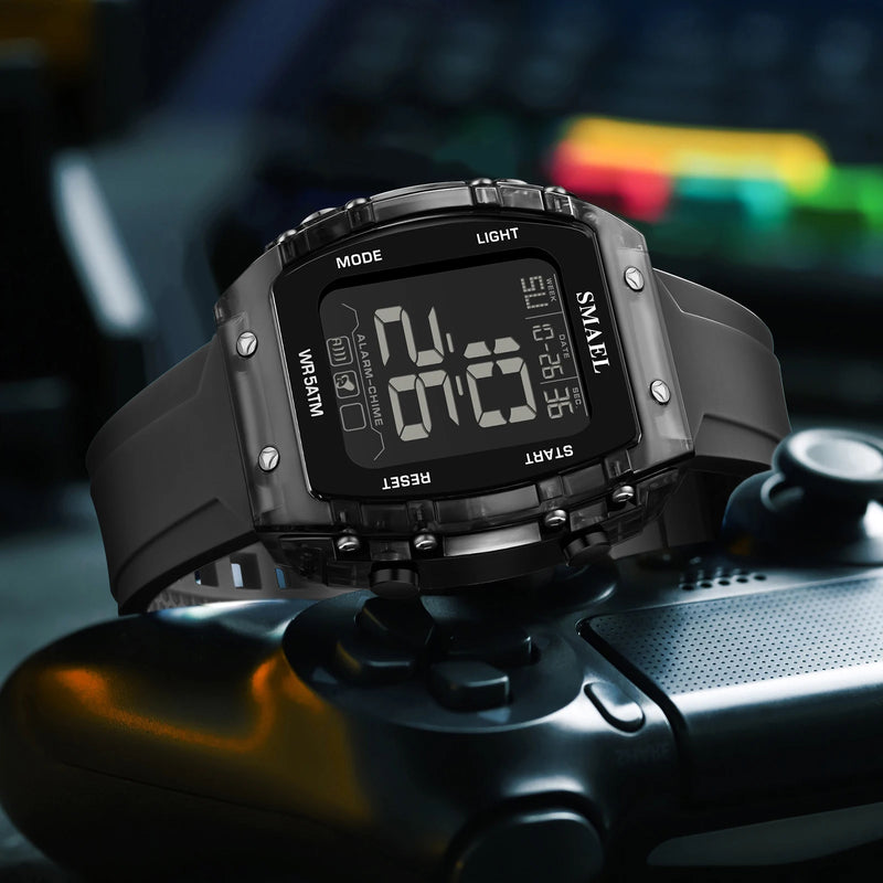 SMAEL Outdoor Sports Watches Fashion Leisure Men Watches 5ATM Waterproof Rectangle 8108 LCD Display Digital Student Wristwatches