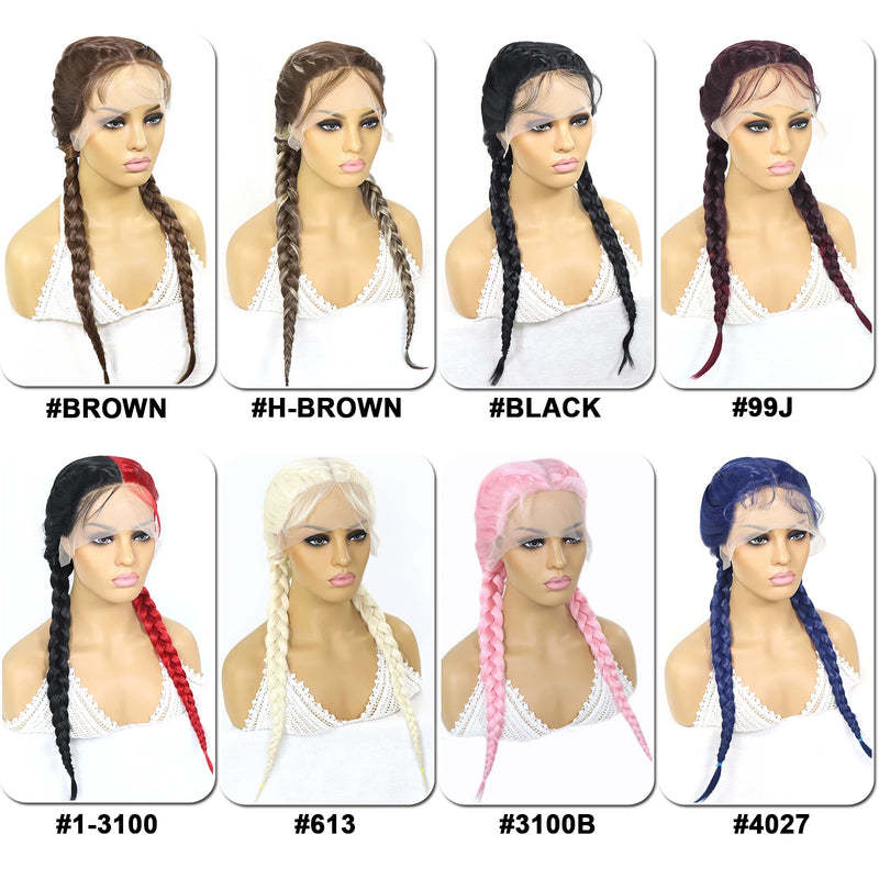 Half Red Half Black Colored Lace Front Braided Wigs For Women 26 Inch Long Synthetic Double Dutch Box Braids Wig With Baby Hair