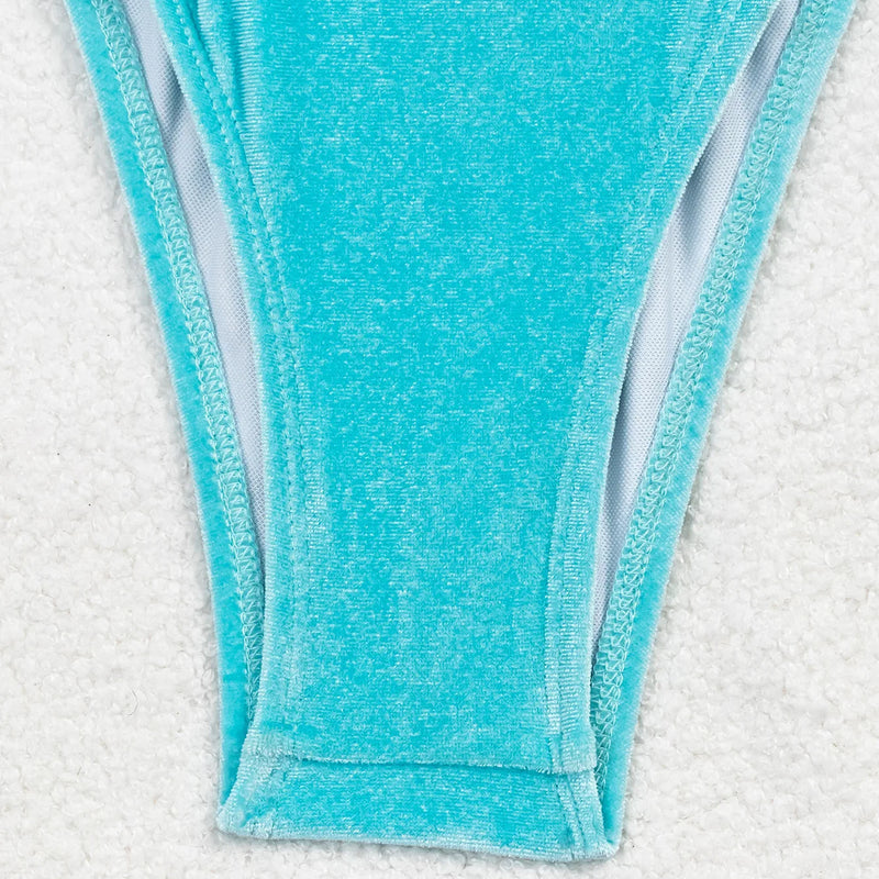 Sexy Velvet Lake Blue Beads Halter Tie Bikinis Sets Two | SAMAG