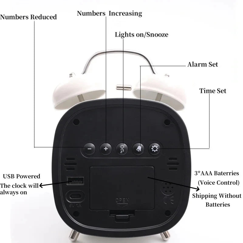 New Alarm Concise And Practic Clock Double Bell Super Loud for Heavy Sleepet Mode 12/24H Night Anti-disturb Table LED Clock