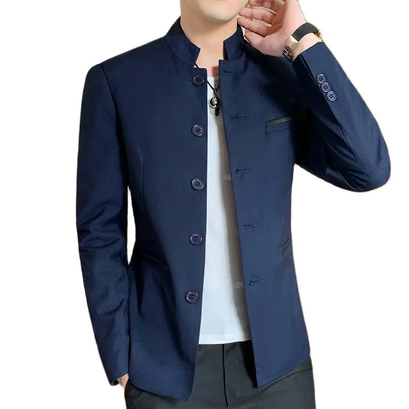 Black Stand-up Collar Men Retro Suit Jacket, Asian Size Slim-fit Blazer Coat, Single-Breasted Long-Sleeved Overcoat M-5XL