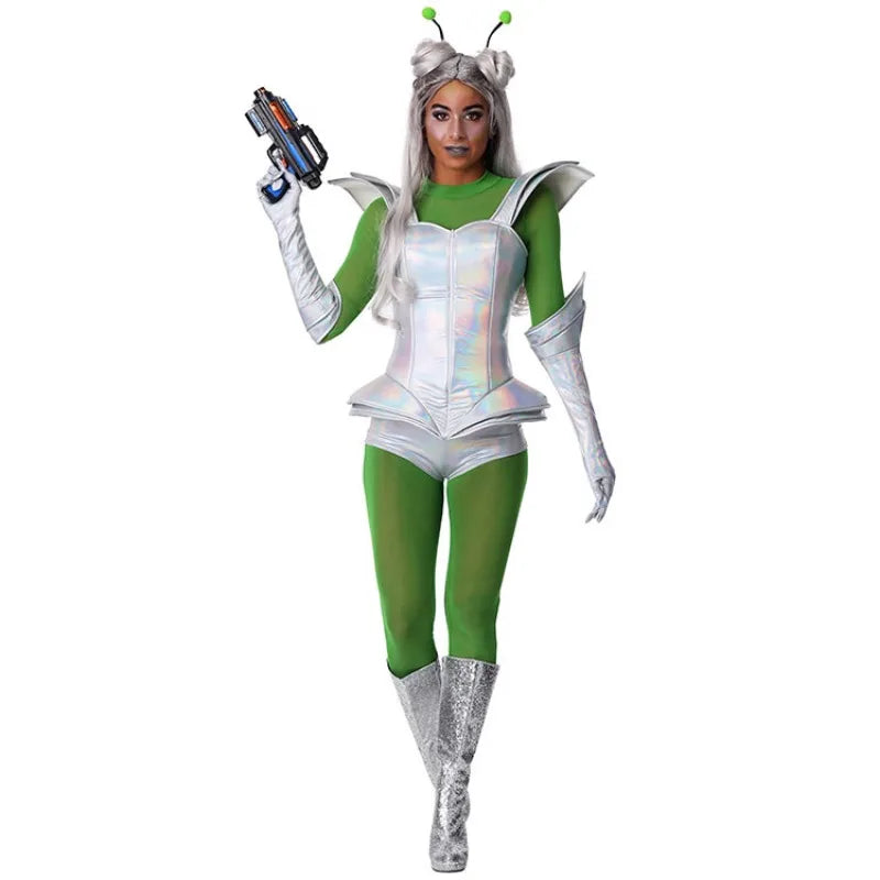 Women Alien Ladies Outer Space Alien Cosplay Outfit Metallic Silver Corset Green Bodysuit Costume for Halloween Carnival