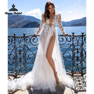 Sexy Appliques A Line Wedding Dresses Deep V Neck | SAMAG