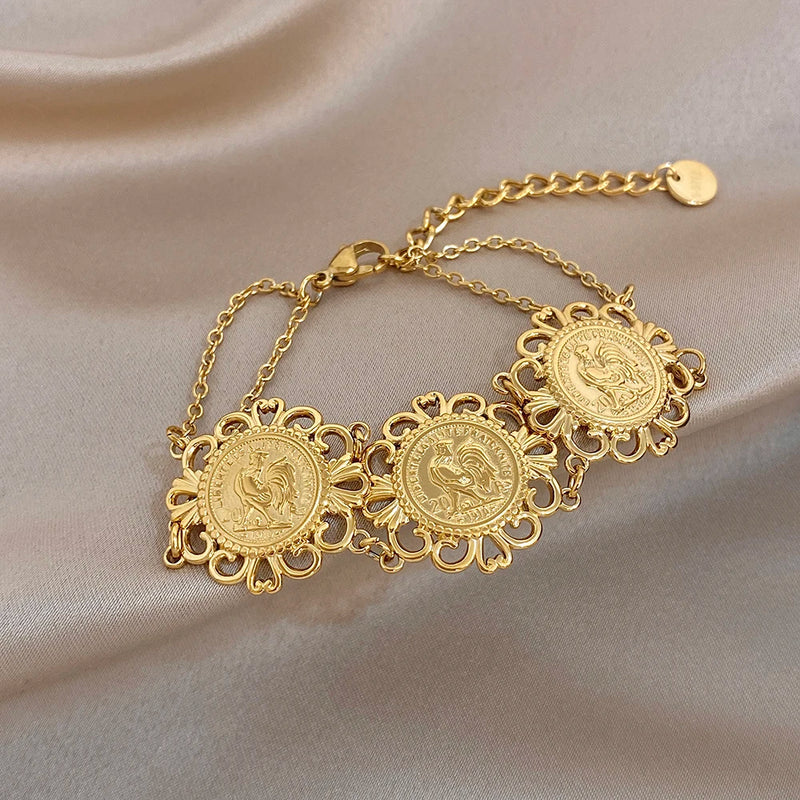 Vintage Gold Plated Stainless Steel Coins Wrist Bracelet for Women Men Classic Ethnic Cuff Bracelets Waterproof Jewelry