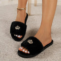 Winter New Soft Soled Comfortable Casual Women Shoes 2026 Luxury Rhinestone Crown Decor Plush Warm Cotton Slippers for Women