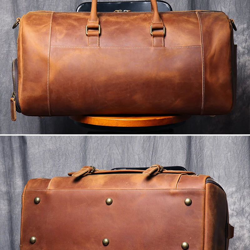 MUNUKI Vintage Crazy Horse Genuine Leather Travel bag  Large Luggage bag men Leather duffle bag Large Weekend Bag Tote Big