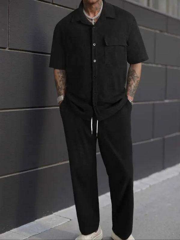 New 2pcs Set Men's Short Sleeve Shirt + Pants Suits for Beach Wear Tracksuit Solid Color Sweatpants Hawaiian - View 5 | SAMAG