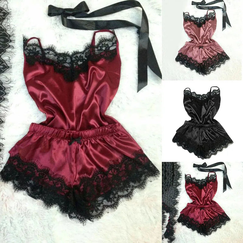 Sexy Pyjamas Set Women Sleepwear Ice Silk Satin | SAMAG