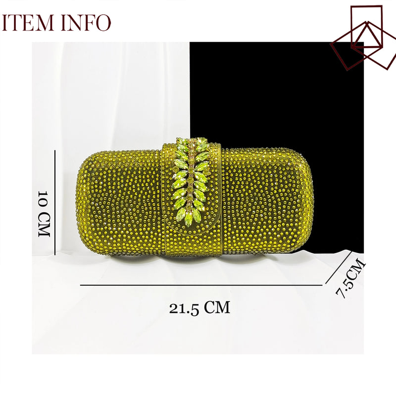 Queena Yan New Arrival Fashionable Olive Color Diamond Decorative Party Wedding Pointed Toe Women's High Heels and Bag Set