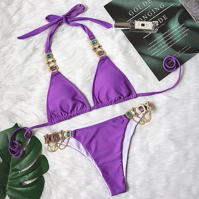 Halter Metal Chains Rhinestone Diamond Bikini Women | SAMAG