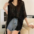 Women Beach Cover Up Crochet Sexy Deep V-Neck Side Slit Short Sleeve Hollow Out Knitted Fashion Cover-Ups Knitting Smock