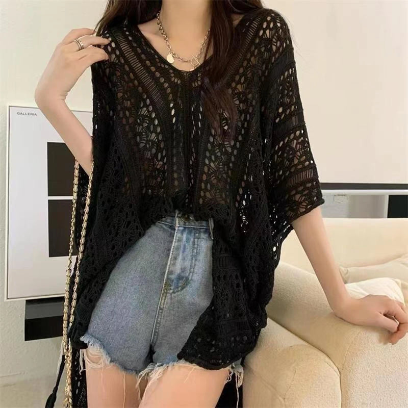 Women Beach Cover Up Crochet Sexy Deep V-Neck Side Slit Short Sleeve Hollow Out Knitted Fashion Cover-Ups Knitting Smock