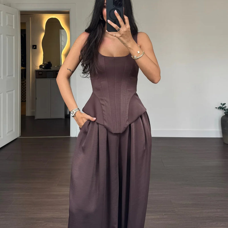Laru Women Satin 2 Piece Outfit U Neck Corset Tank Top High Waist Harem Baggy Pants Elegant Party Daily Matching Suit
