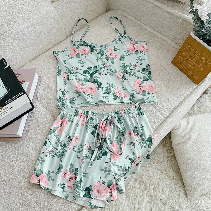 FINETOO 2Pcs Satin Pajama Set for Women Sleepwear Sexy Strap Vest Top Shorts Nightwear Pijamas Sexy Sleep Shorts Set Sleepwear