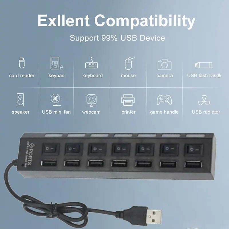 High Speed 7 Ports USB HUB 2.0 Adapter Expander Multi USB Splitter Multiple Extender with LED Lamp Switch for PC Laptop