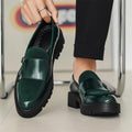 Men Dark Green Patent Velvet Spliced Double Monk Strap Shoes Retro British Platform Loafers Trend Casual Business Slip On Height