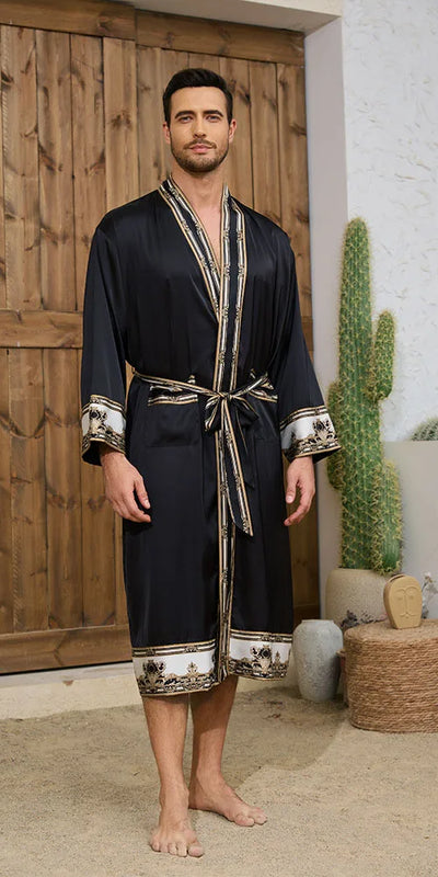 Spring Summer Men Pajamas 2PCS Robe Shorts Set Baroque Style Satin Kimono Bathrobe Nightgown Home Clothing Loungewear MY1170