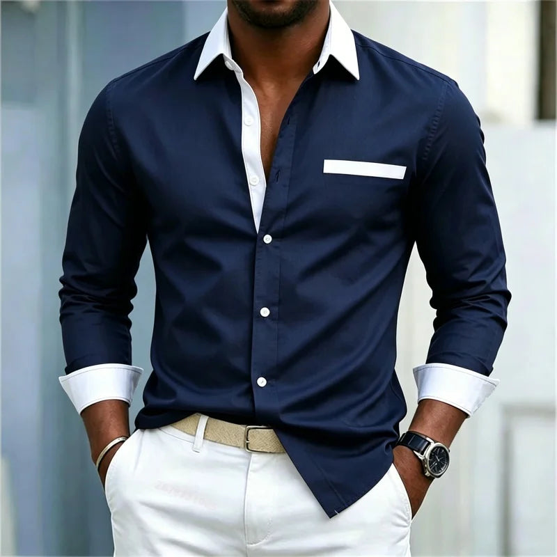 Men's shirt color blocking black and white lapel slim fit | SAMAG