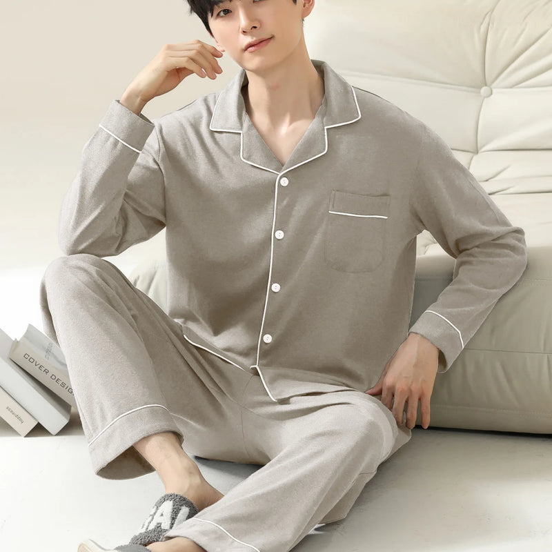 Men's 100% cotton long sleeved four season plus size men's sleepwear, teenage pure cotton home suit set for warmth