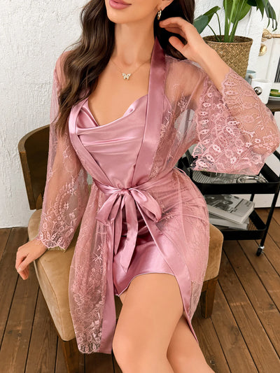 Solid Color Polyester Nightgown Lace See Through Robe | SAMAG