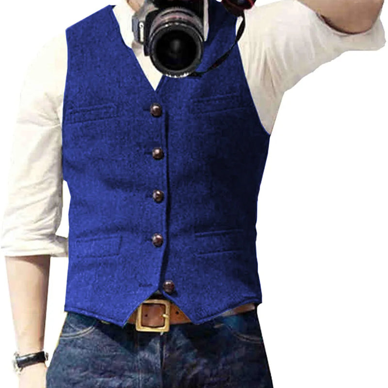 V Neck Men's Suits Vest Casual Classic Formal Business Herringbone Tweed Slim Fit Waistcoat For Wedding Groomsmen