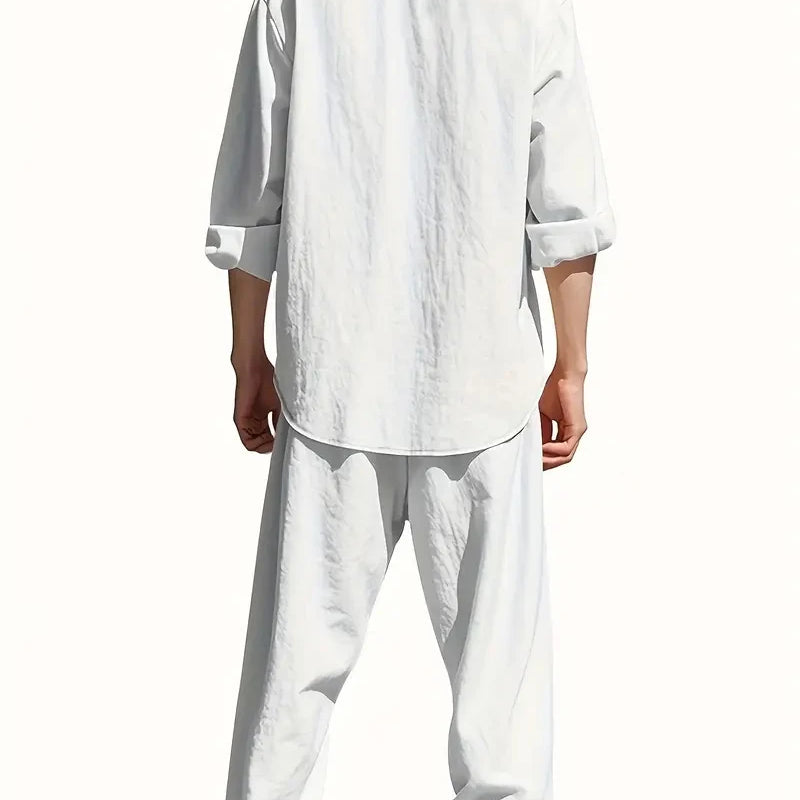 Men's White Linen Suit Set Long Sleeve Henley Shirt and Elastic Waist Pants Two Piece Outfit Summer Casual - View 2 | SAMAG