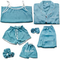 Spring Autumn 7 Pieces Set Silk Elegant Women Pajamas Print Shorts Long Sleeve Top Elastic Waist Pants Lounge Sleepwear