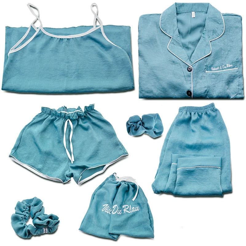 Spring Autumn 7 Pieces Set Silk Elegant Women Pajamas Print Shorts Long Sleeve Top Elastic Waist Pants Lounge Sleepwear