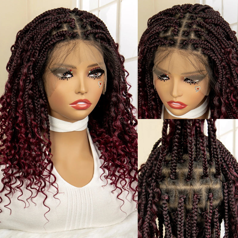 14 Inches Short Burgundy Box Braided Wigs Full Lace Synthetic Boho Braids Wig for Women Ombre Color Braided Wigs