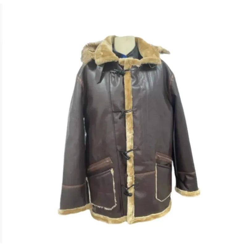 New Fashion Men's Coats Winter Jackets Fur Faux Leather Plush Turn-down Collar Zipper PU Winter Men Clothing Black
