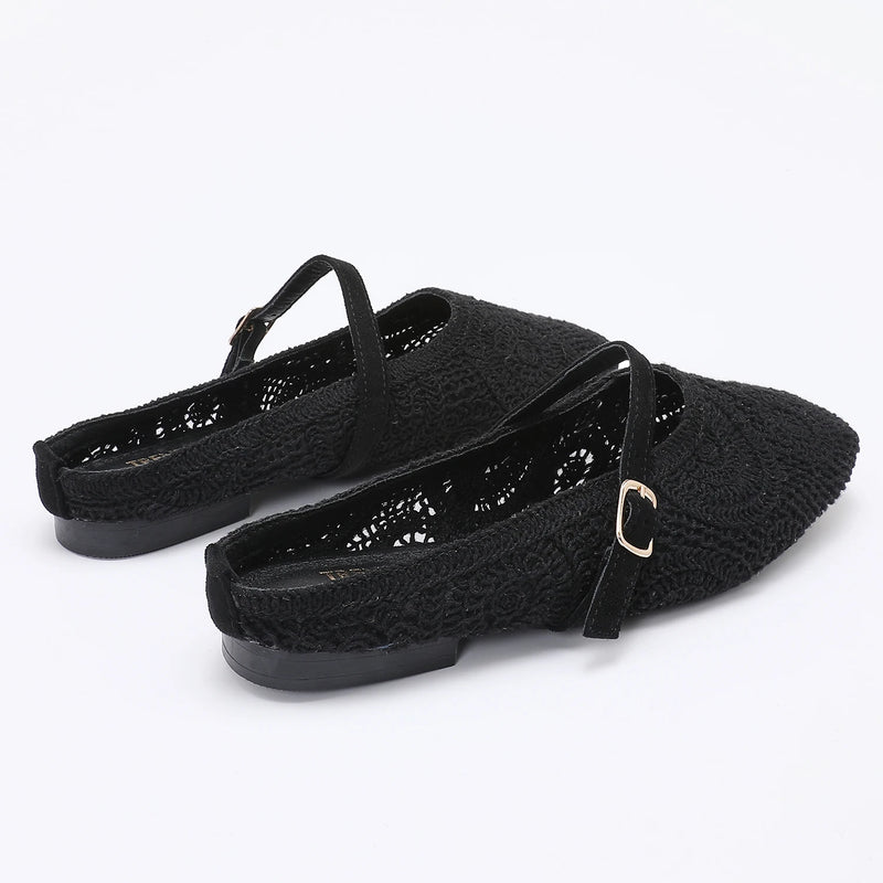 Trendin Mode Women's Knit Mules Square Toe Crochet Knit Slip-on Flats with Adjustable Buckle Breathable Closed-Back Slides