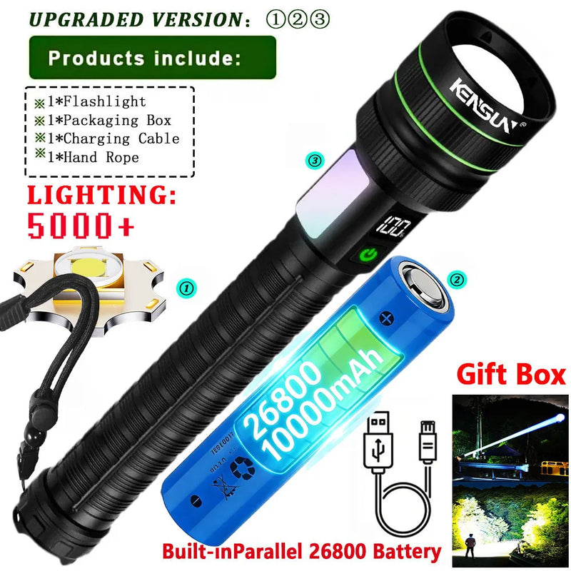 Powerful LED Flashlight Super Bright Spotlight Long Range Zoomable Lantern Emergency Torch Outdoor Tactical Lamp Power Display