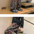 Wide leg pants Men's Vintage Geometric Knitted jacquard pants Casual Straight  Pants Ethnic Tribal Style Winter Trousers man