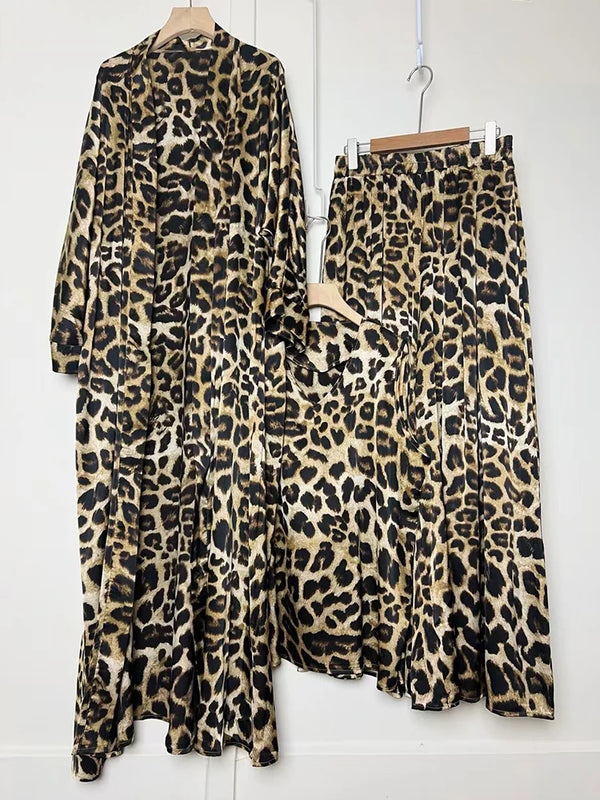 Design retro positioning printed long cardigan+vest three piece set for spring women's clothing+loose pants skirt fashion set
