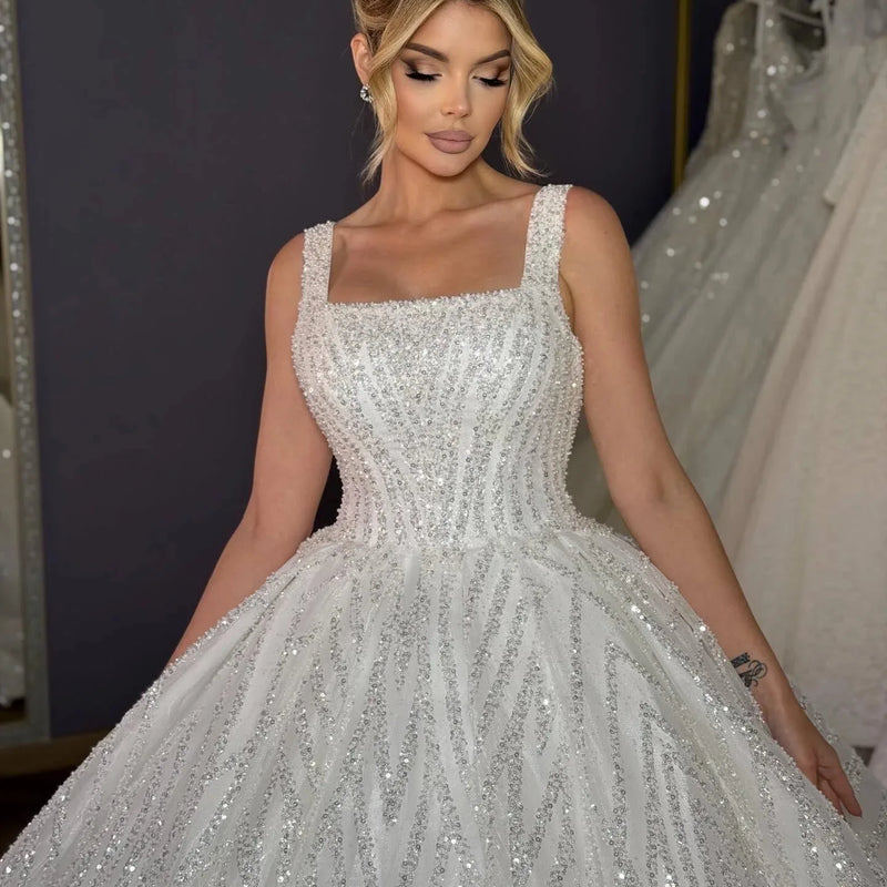 Customized Square Neck Thick Strap Sparkly Ball Gown - View 3 | SAMAG