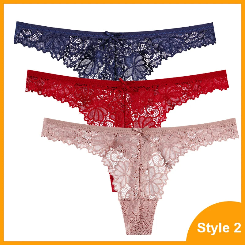 3 Pcs Woman Panties Sexy Lace Thong Underwear Lingerie Female T-back Temptation Low Waist Women Transparent G String