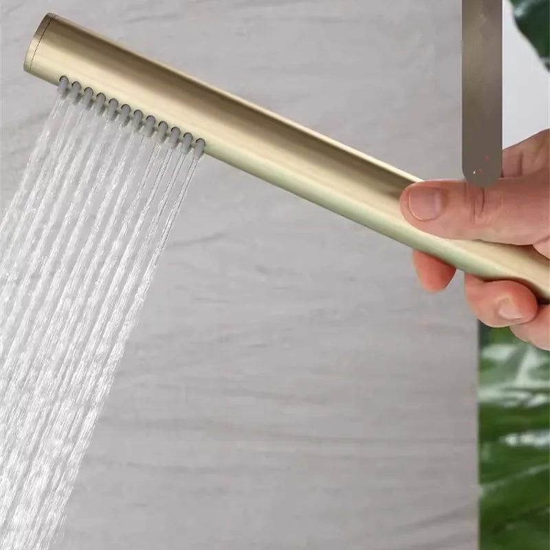 Tuqiu Brushed Gold Bathroom Bathtub Faucet + Handheld Shower Free Standing Luxury Waterfll BathTub Mixer Taps Floor Mounted