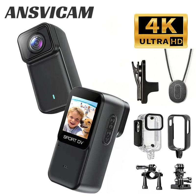ANSVICAM 4K Thumb Action Camera 6-axis Stabilization Small Body Camera Portable POV Recording Helmet Cam for Cycling Motorcycle