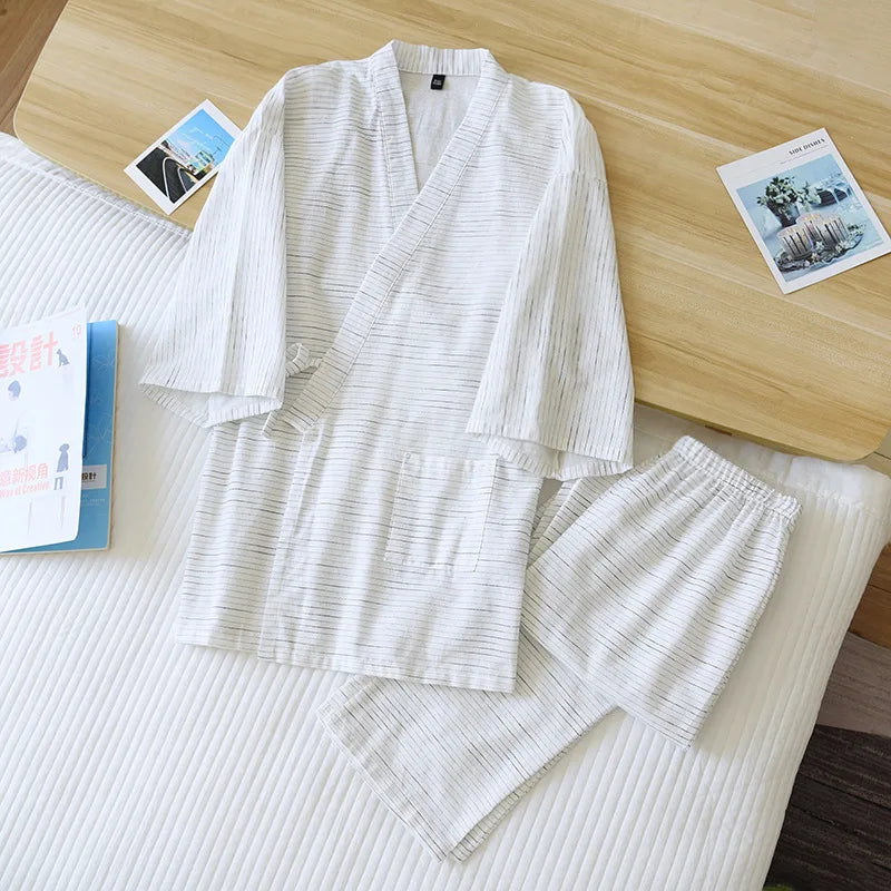 Japanese 100% cotton kimono robes men pajamas sets simple Fashion striped short sleeve trousers Bathrobes men plus size