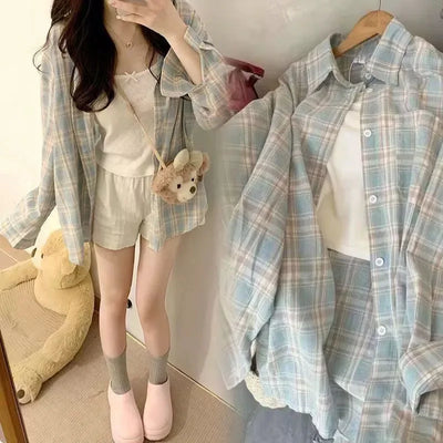 Harajuku Oversize Loose Plaid Shirts Female Lazy Style | SAMAG